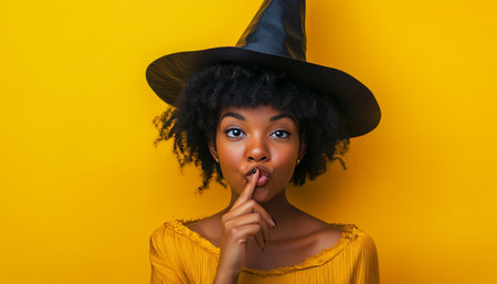 Playful young black woman in witch costume signals for silence against a bright yellow backgroundのeditorial素材