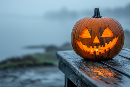 Spooky halloween pumpkin jack o lantern with evil face on wooden bench in misty night sceneの写真素材