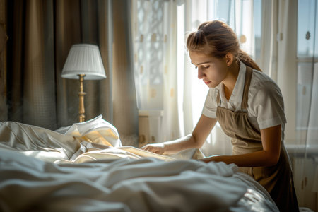 Hotel maid changing bed linens, room service scene with young maid changing bedclothesのeditorial素材