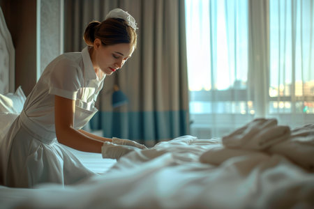 Hotel maid performing room service by making bed with fresh lines in a spacious room