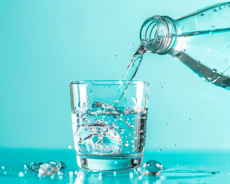 Pouring water from bottle into glass on blue background in high resolution photo
