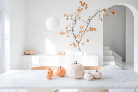 Chic interior design featuring a marble table with pastel pumpkins in a tranquil settingの写真素材