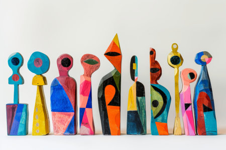 Vibrant and diverse abstract wooden sculptures displayed in unique and colorful forms