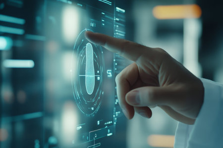 Futuristic medical concept doctor scanning fingerprint for patient database access