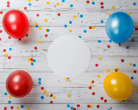 St. Patrick's day card mockup with colorful balloons and confetti on white wooden backgroundの写真素材