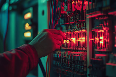 Engineer checking voltage levels at circuit breaker and wiring in power distribution board