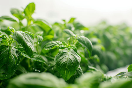 Healthy basil plants thriving in greenhouse, lush leaves perfect for harvest on white background