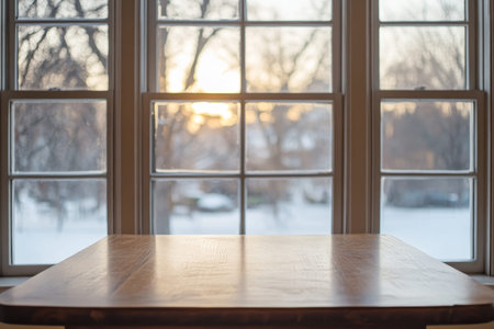Serene winter scene an empty table framed by a frosted window with a peaceful atmosphere