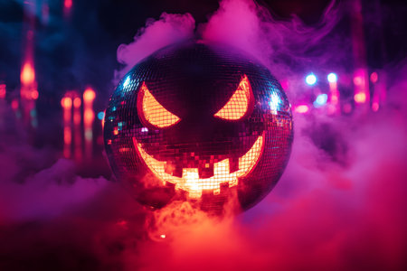 Halloween disco scene featuring mirror ball with pumpkin faces amidst smoky, blurred lightsの写真素材