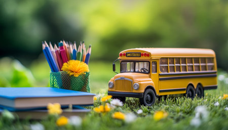 Back to school vibrant school bus surrounded by essentials and books for a bright learning journey