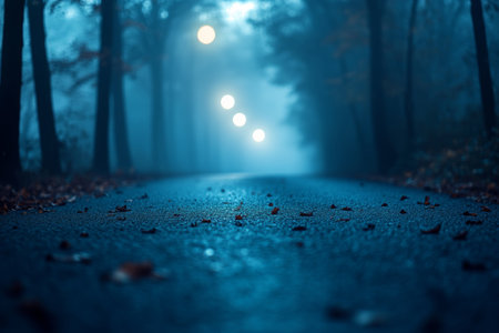 Eerie fog envelopes a moonlit forest path, creating an abstract bokeh effect in photographyの写真素材