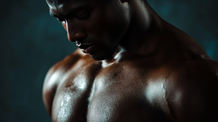 Close up photography of a muscular man against a dark background highlighting defined physiqueのeditorial素材