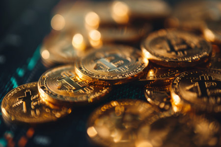 Bitcoin gold coins on finance chart background for cryptocurrency market analysis
