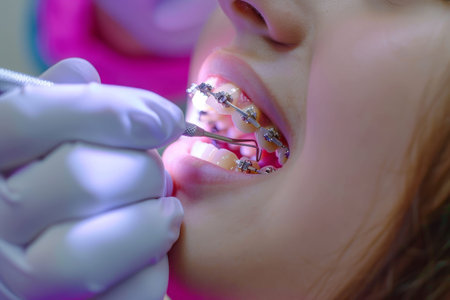 Detailed inspection of dental braces follow up in close up view for optimal oral care