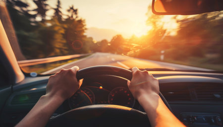 Driver s hands on steering wheel, summer road trip drive at sunset for a relaxing vacation