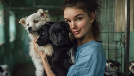 Female model in scrubs with black labrador and white pomeranians at cinematic animal shelter closeupのeditorial素材