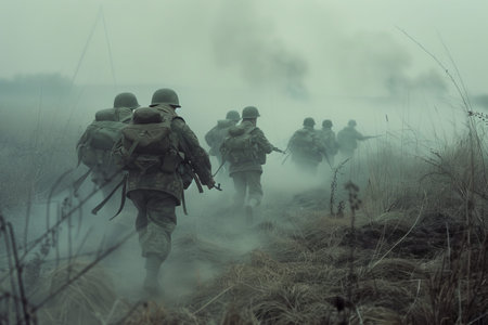 Military soldiers advancing in cohesive battle formation during intense warfare operationのeditorial素材