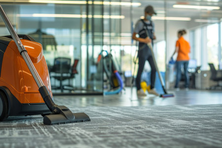 Professional cleaners vacuuming spacious office while employees work in the backgroundの写真素材