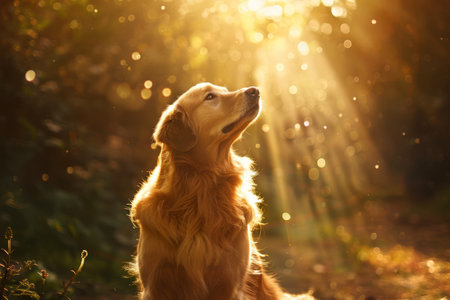 Golden retriever ascending symbolizing departure into eternity, a poignant encounter with infinityの写真素材