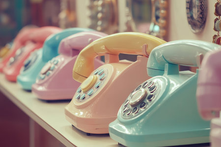 Vintage pastel landline telephone receivers showcasing nostalgic communication artistryの写真素材