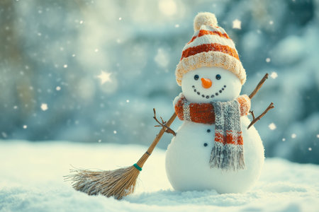 Charming winter wonderland snowman in hat and scarf surrounded by snowy landscape and bokeh lightsの写真素材