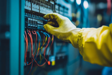 Close up of engineer inspecting voltage at circuit breaker in main power distribution board