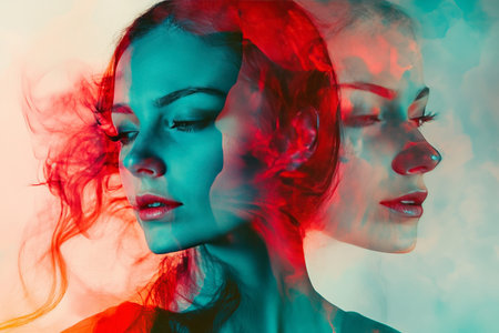 Artistic triple exposure portrait of a woman enhanced with flowing red and teal color effects
