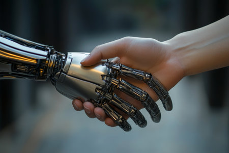 Symbolic business partnership human and robot handshake representing collaboration and trustの写真素材