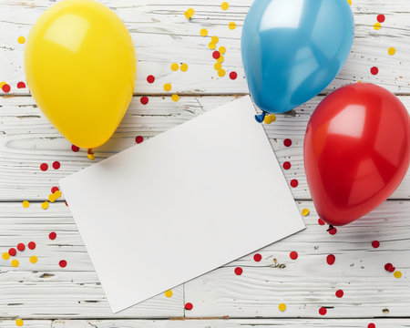 Colorful balloons and confetti blank card mockup on white wooden background with copy spaceの写真素材
