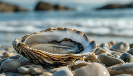 Elegant oyster presented as jewelry on a serene beach setting, capturing nature's beautyの写真素材
