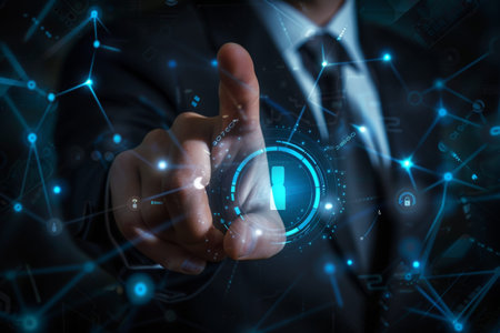 Businessman operating advanced virtual buttons on high quality virtual background