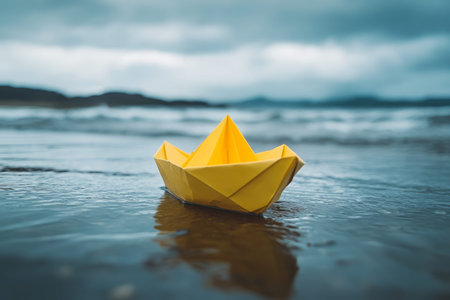 Yellow paper boat changing course a symbol of leadership, vision, and seizing opportunities