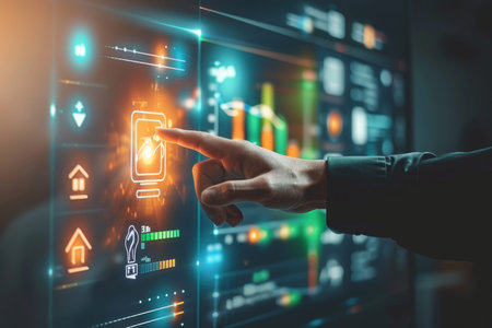 Businessman assessing energy efficiency rating on virtual screen for building audit