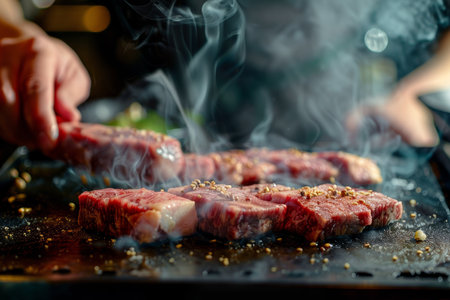 Chef s hand cooking wagyu beef with vegetables on grill in Japanese teppanyaki restaurantの写真素材