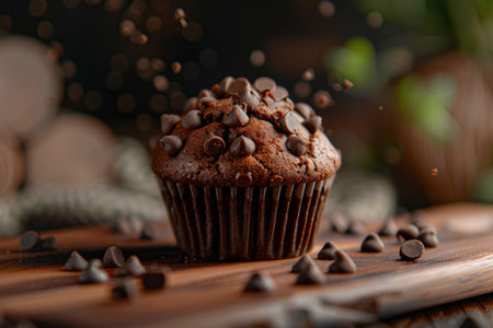 Decadent chocolate muffin with chocolate chips in sharp focus, delicious dessert imageの写真素材