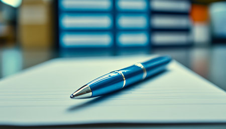 Close up of a blue pen on a blank notebook with blurred organized folders in backgroundの写真素材