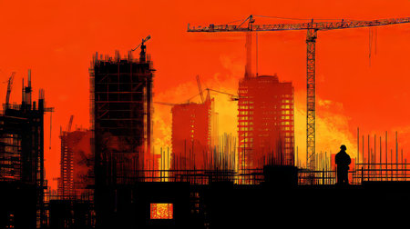 Wide and detailed banner illustration of silhouetted buildings under construction in progressの写真素材