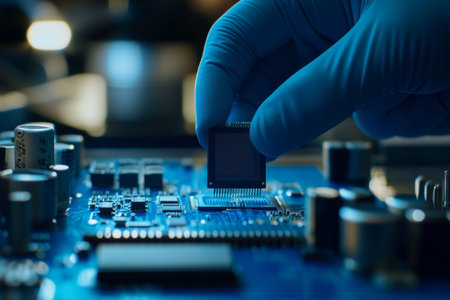 Close up of a gloved hand placing a microchip on a blue circuit board, showcasing technology