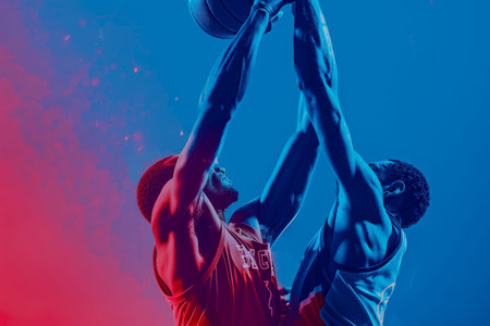 Focused basketball player blocks shot at summer olympics with intense determination