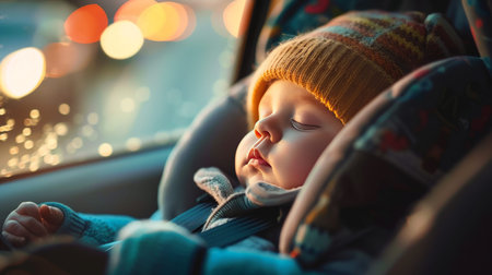 Securely strapped infant sleeping peacefully in car safety seat for a calm journey