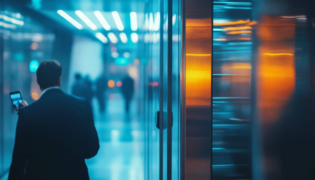 Office workers in modern elevator using phones, blurred background creates dynamic atmosphere