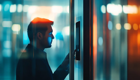 Man unlocks office building glass door using facial recognition technology for enhanced securityの写真素材