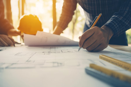 Architectural team collaborates on blueprints and engineering sketches for sustainable project plans