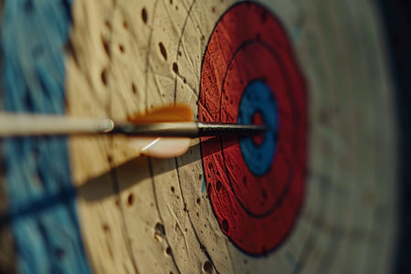 Detailed shot of archery bullseye and arrow on clear background for easy text inclusion