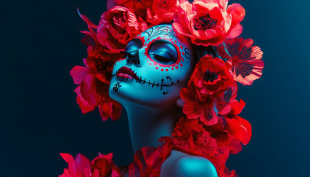 Elegant woman with intricate sugar skull makeup and red floral accessories in a vibrant costume