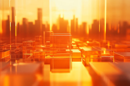 Futuristic abstract orange background featuring glass squares and modern city skyline design