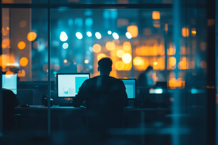 Men working late in the office with blurred background captured in a photography shot