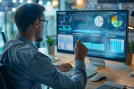 Businessman analyzing data for performance metrics and kpi reporting in database systemのeditorial素材