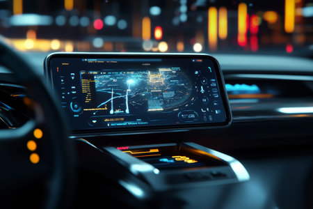 Futuristic car dashboard with smartphone holder and advanced holographic navigation system