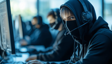 Intriguing depiction of call center scammers hooded criminals in masks using headsets and computers